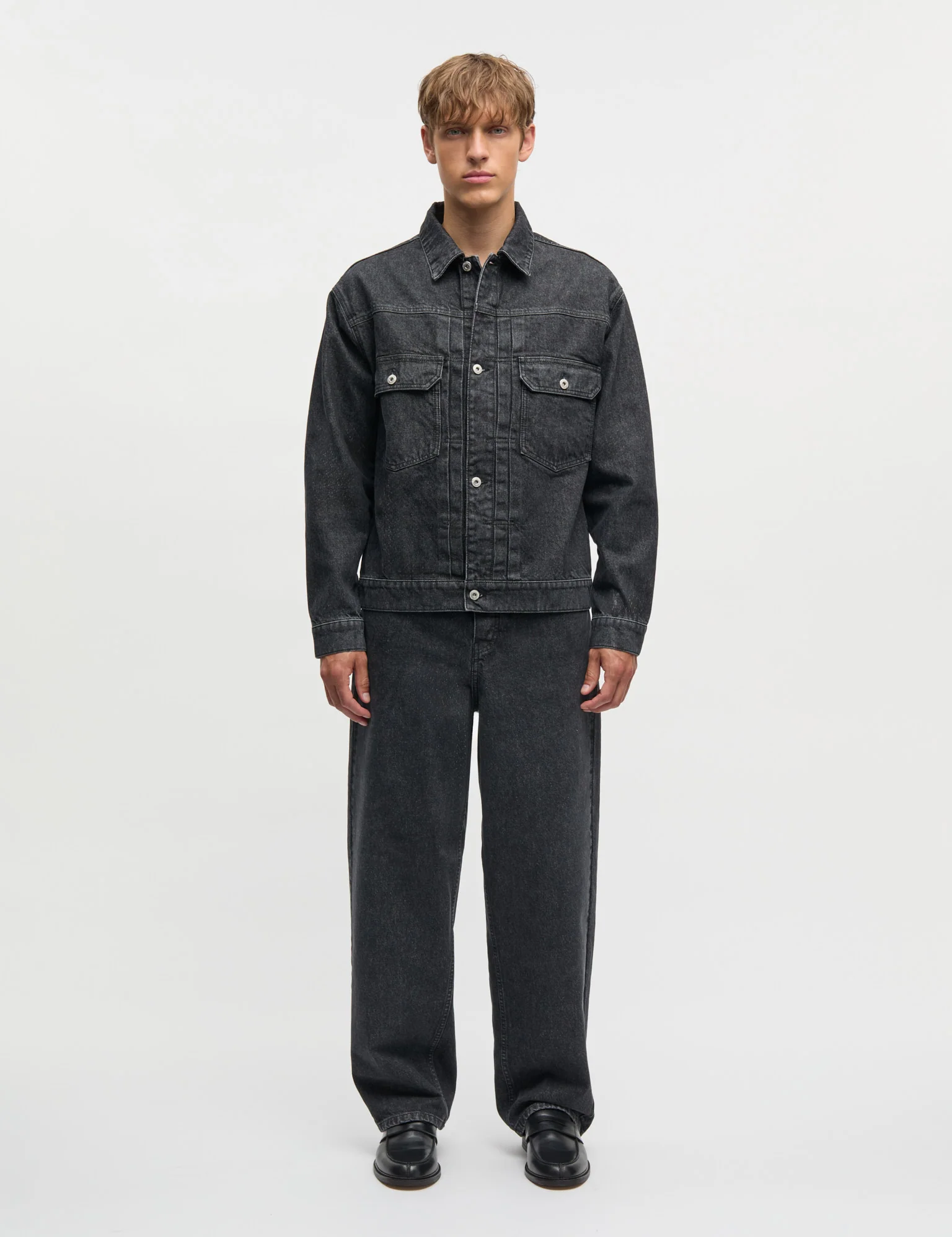 Arizona Black Denim Trucker Jacket, Black Grey Stone Wash