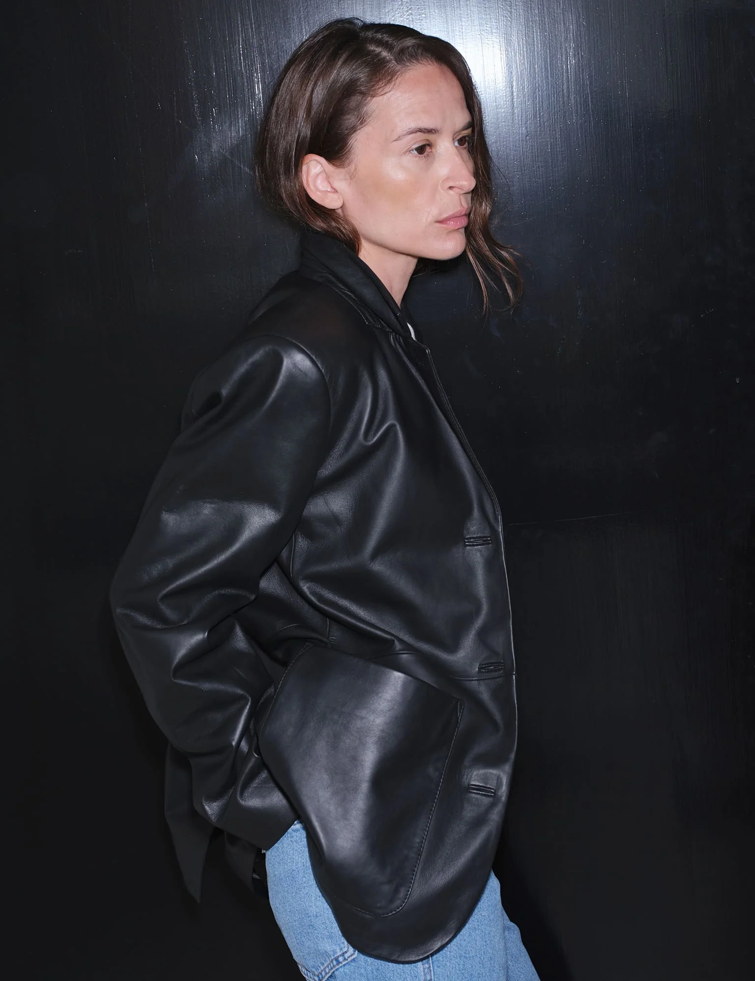 Shiny Leather Lesley Blazer, Black - Image 3